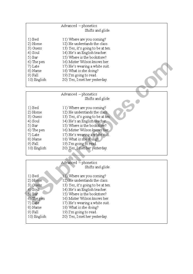 phonetic - shift /glides worksheet