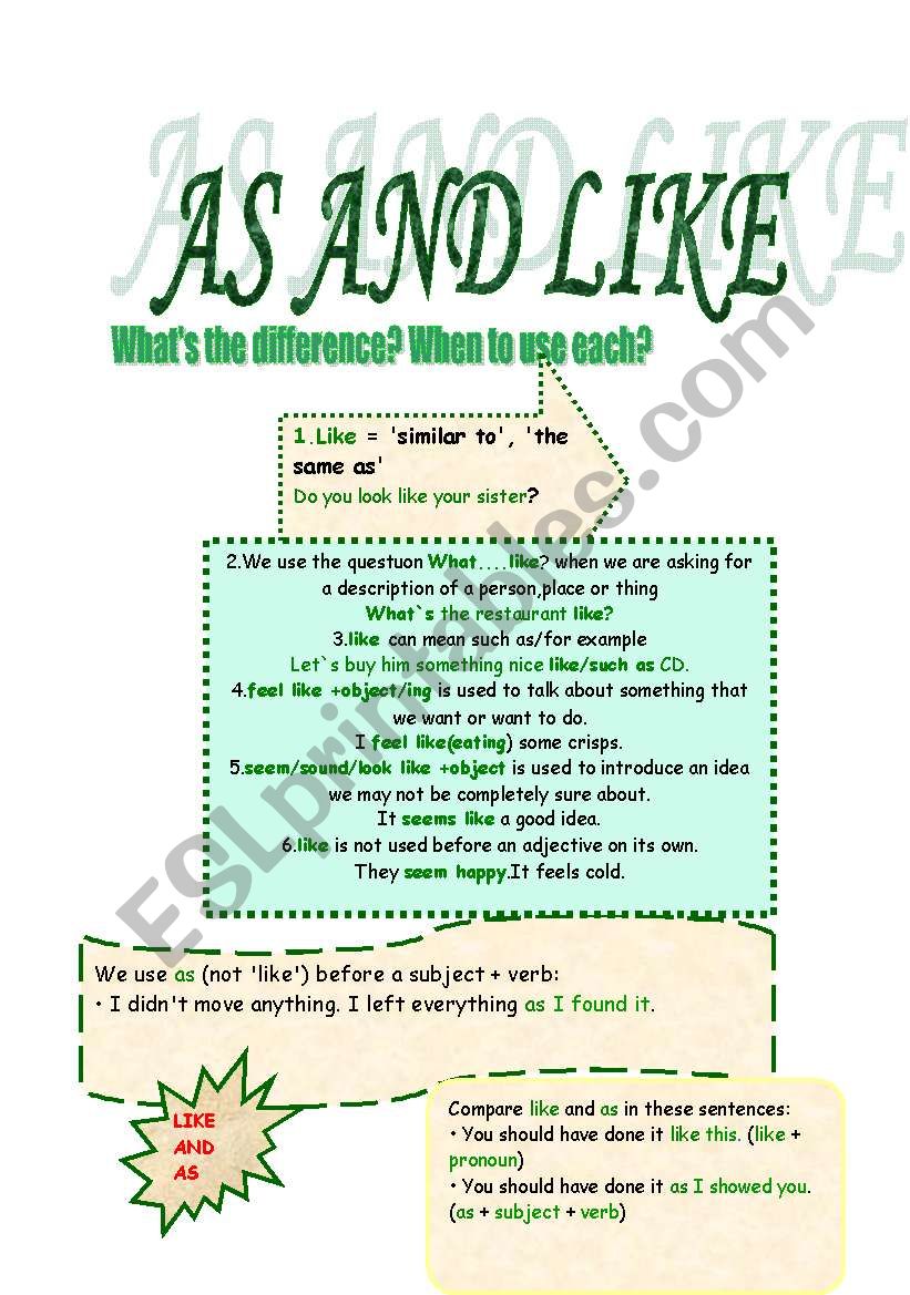 As and like worksheet