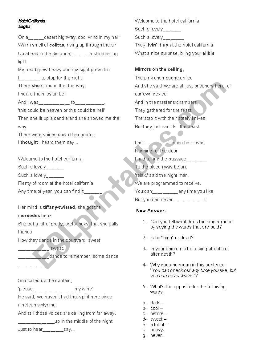 Hotel California worksheet