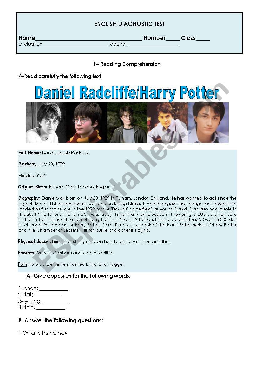 test Daniel  Radcliffe  worksheet