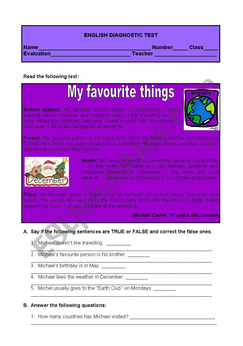 test - my favourite things worksheet