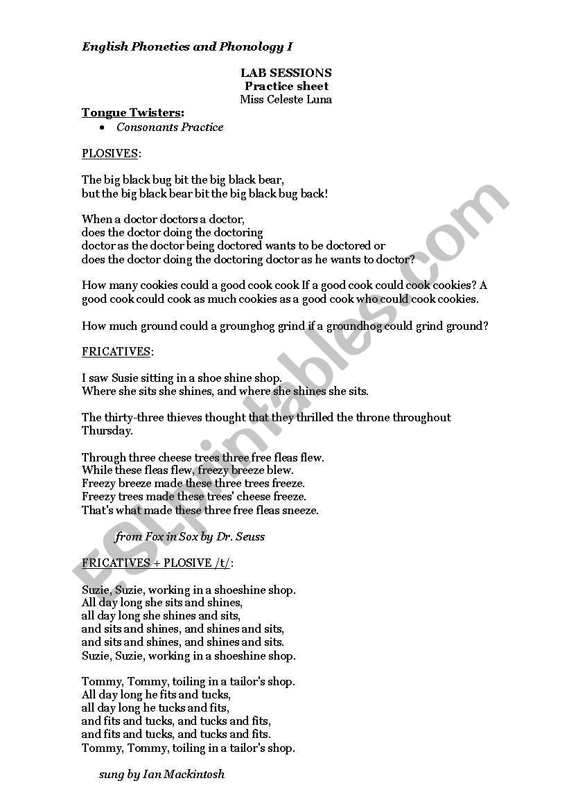 TONGUE TWISTERS AND LIMERICKS worksheet