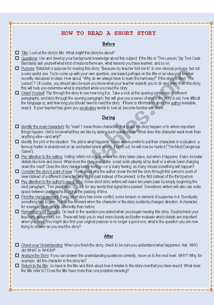 How to read a short story worksheet