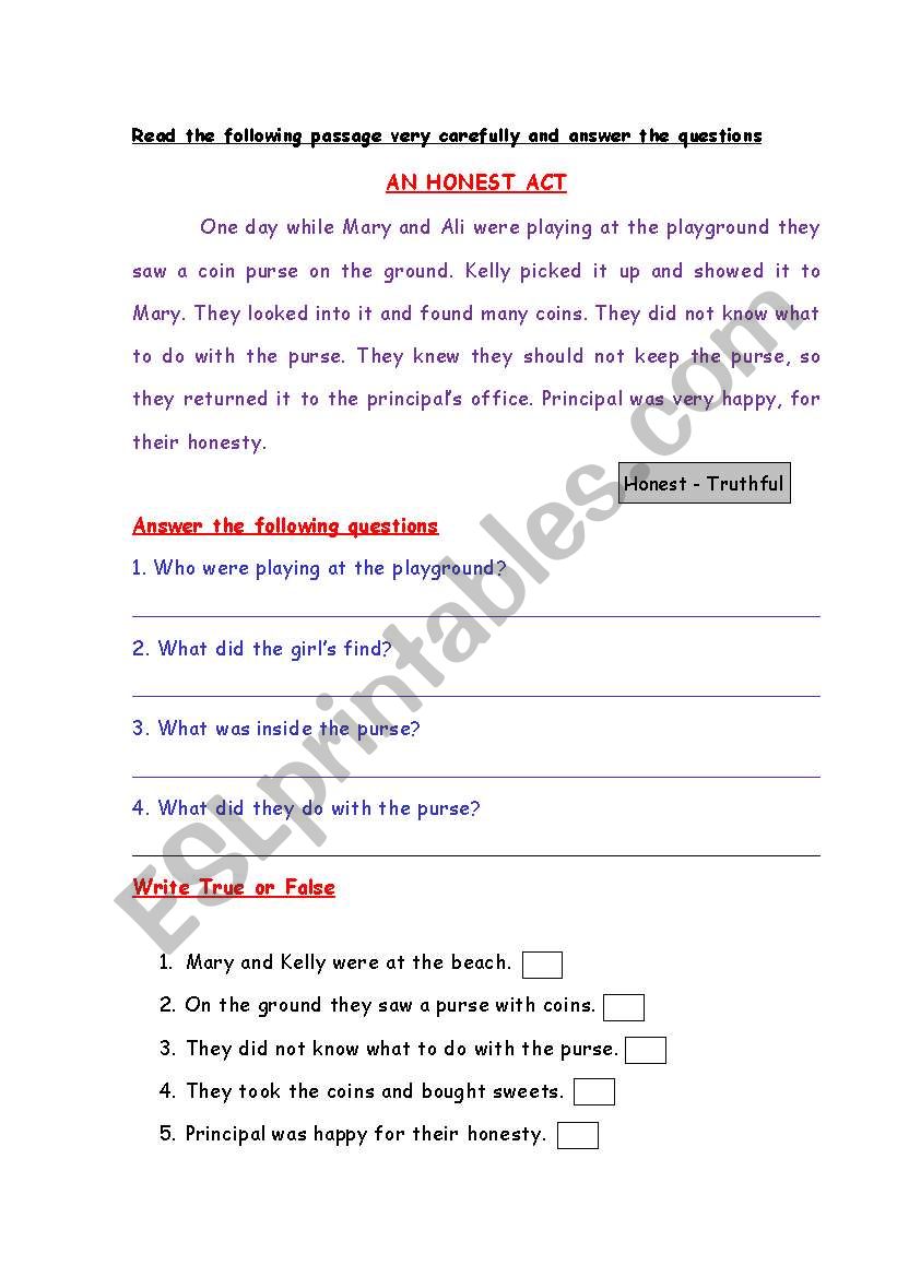 Reading comprehension worksheet