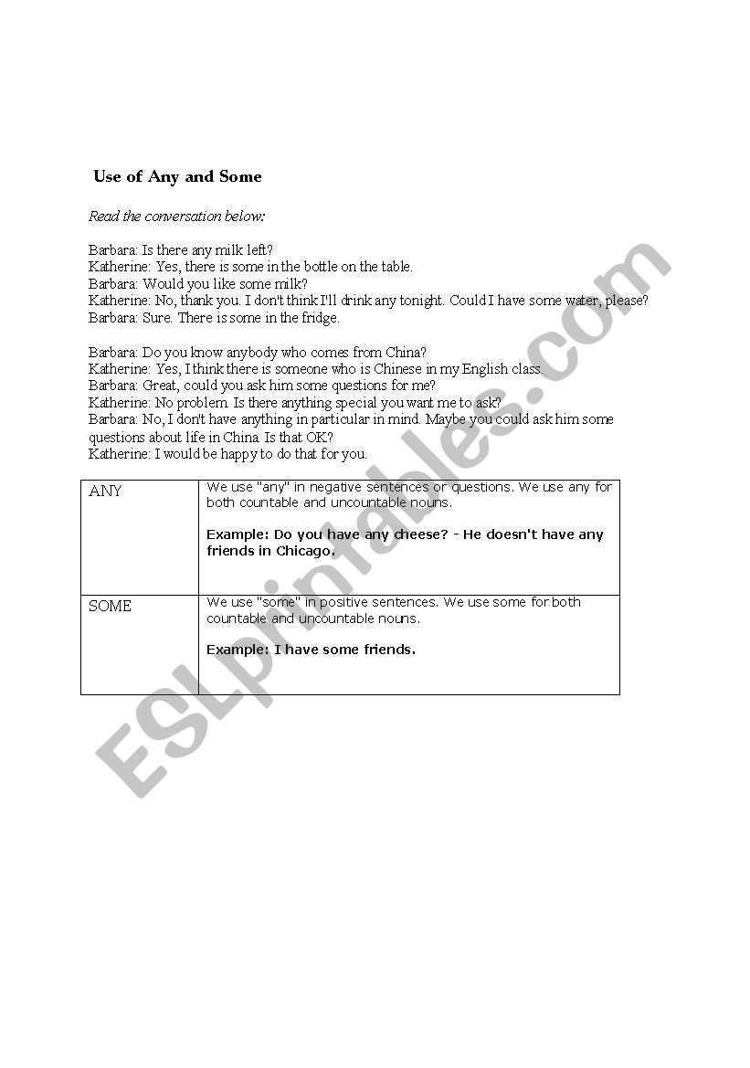 use of some and any worksheet