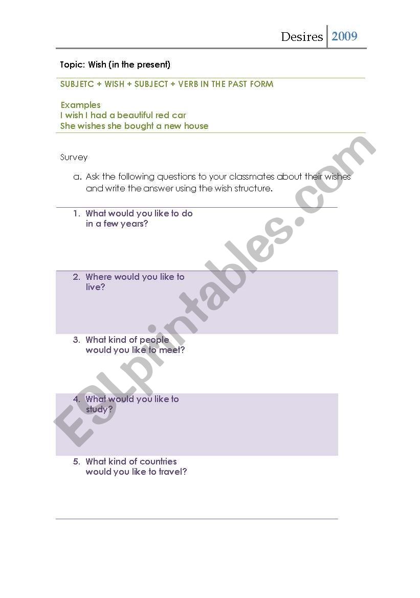 Desires  worksheet