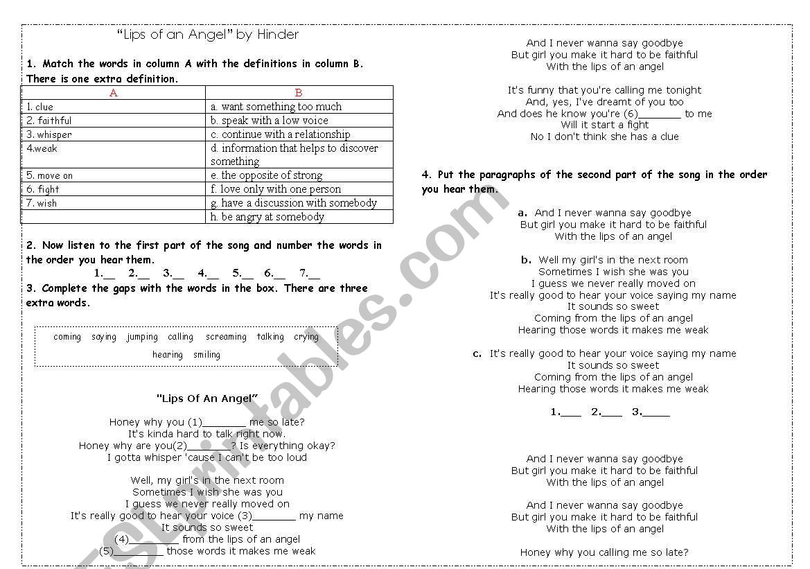 a song worksheet worksheet