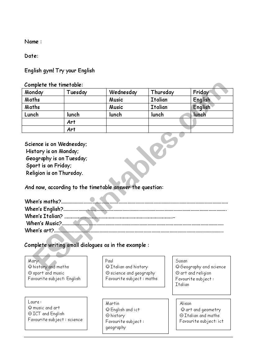 English gym worksheet