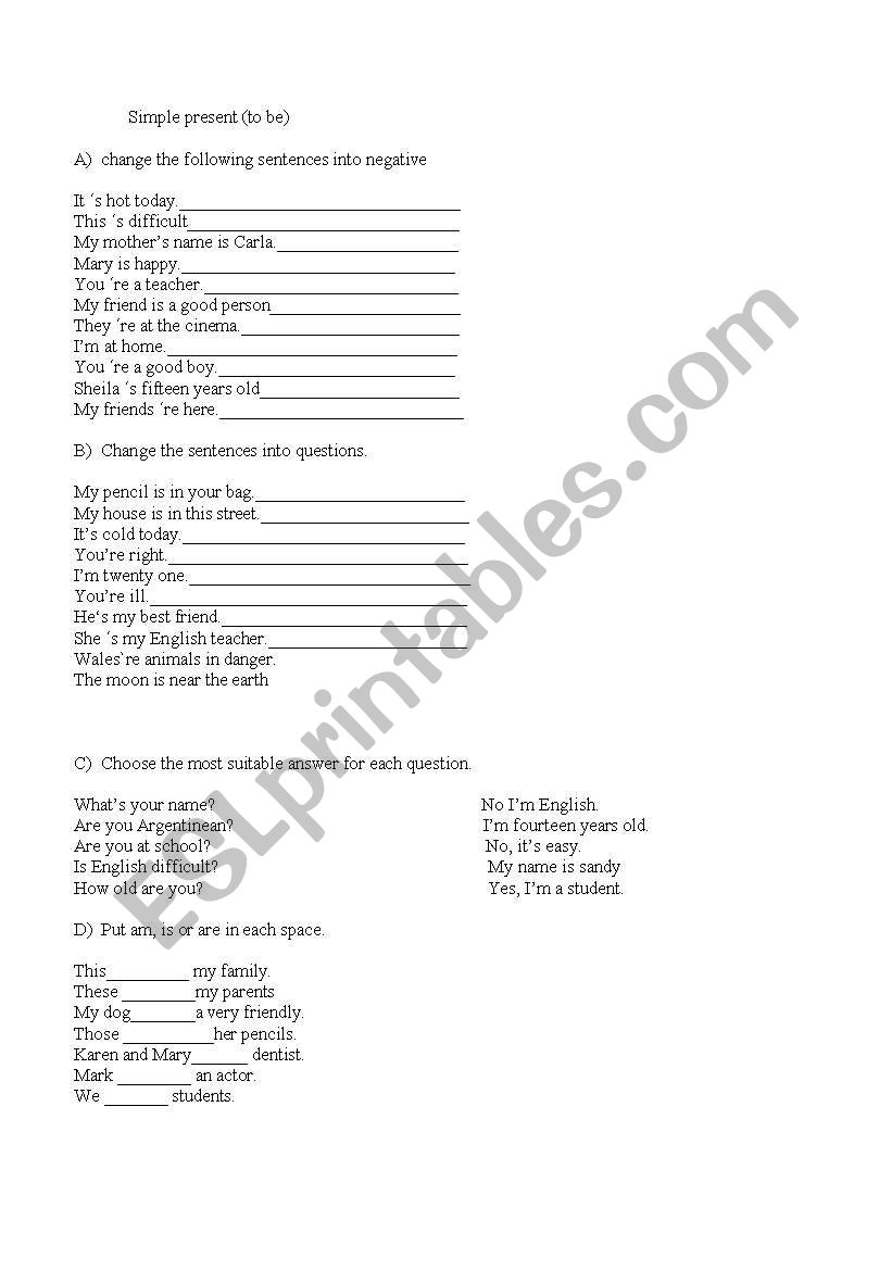 Present Simple of be worksheet