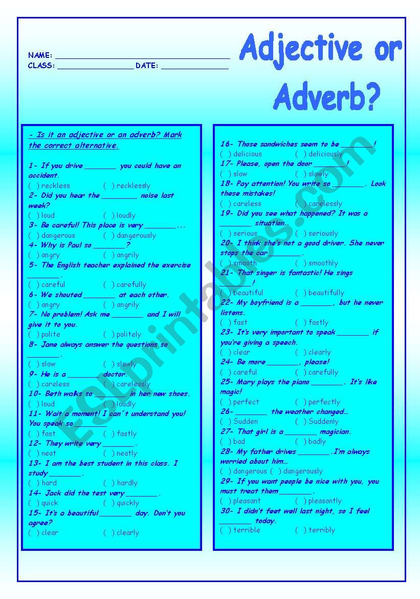 Adjective or Adverb? worksheet