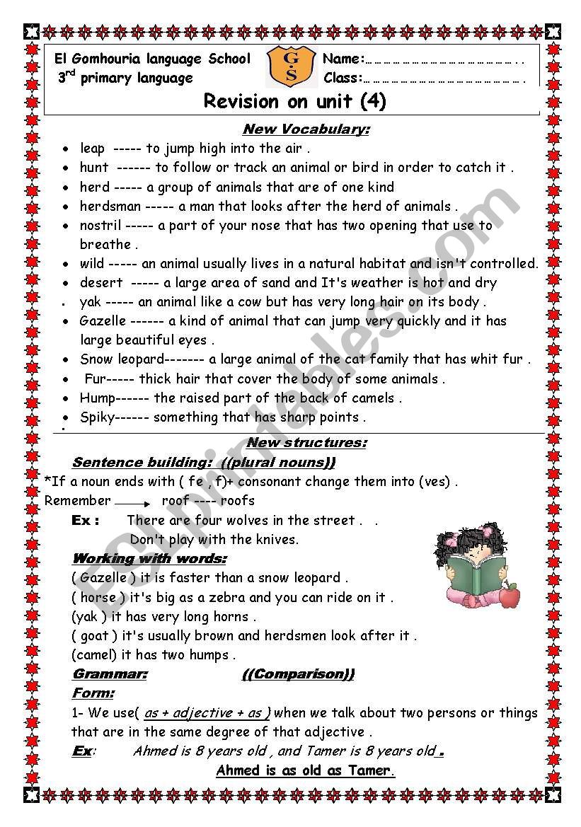 revision sheets on unit 4 macmillam 3 