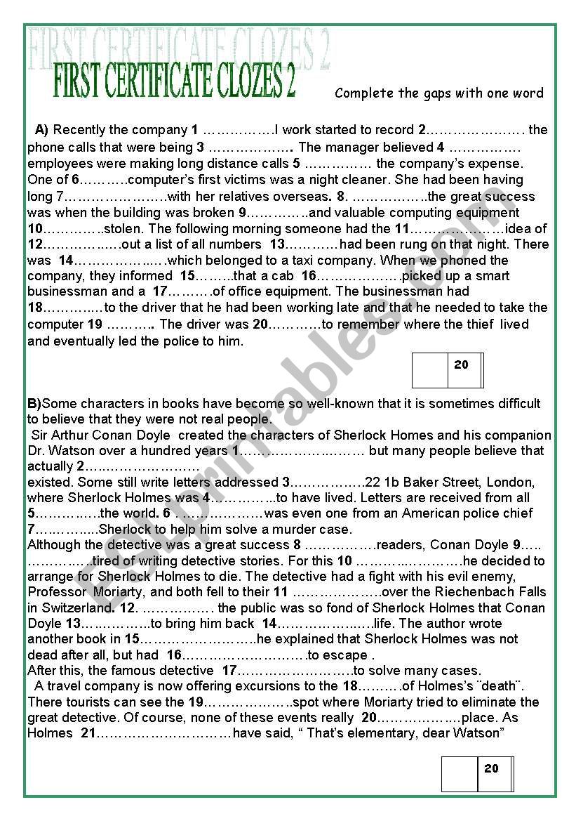 FCE clozes worksheet