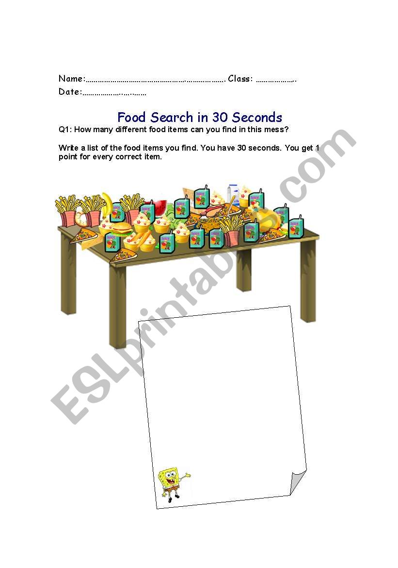 Food Search worksheet