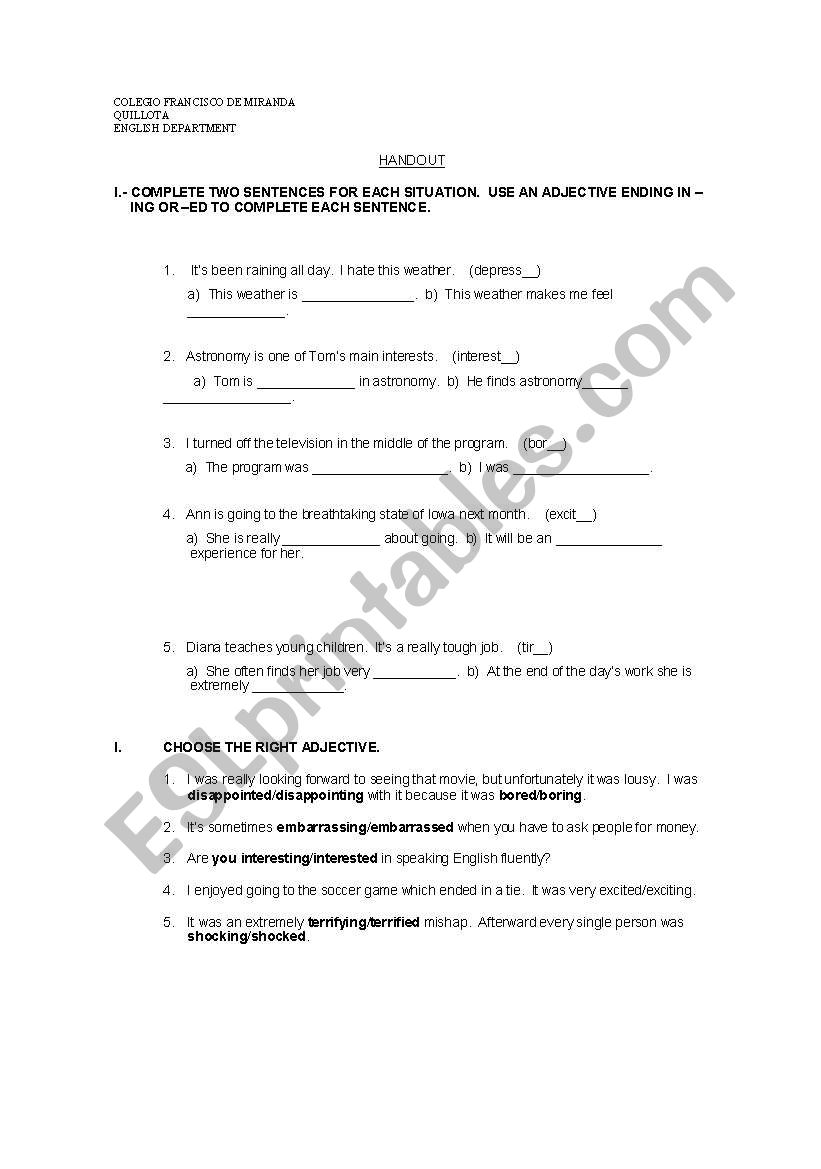 handout- ed/ing adjectives worksheet