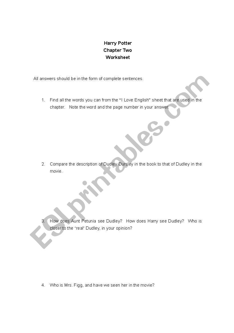 Harry Porter Chapter question worksheet