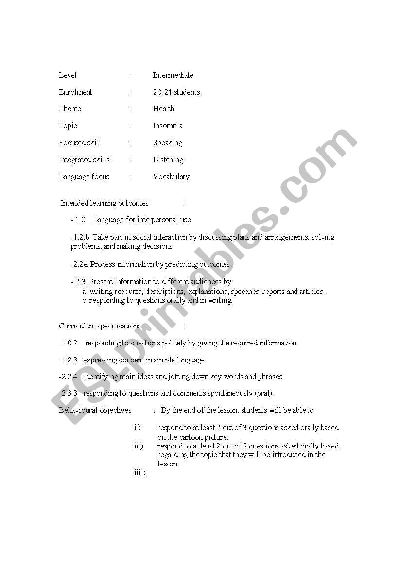 Insomnia worksheet