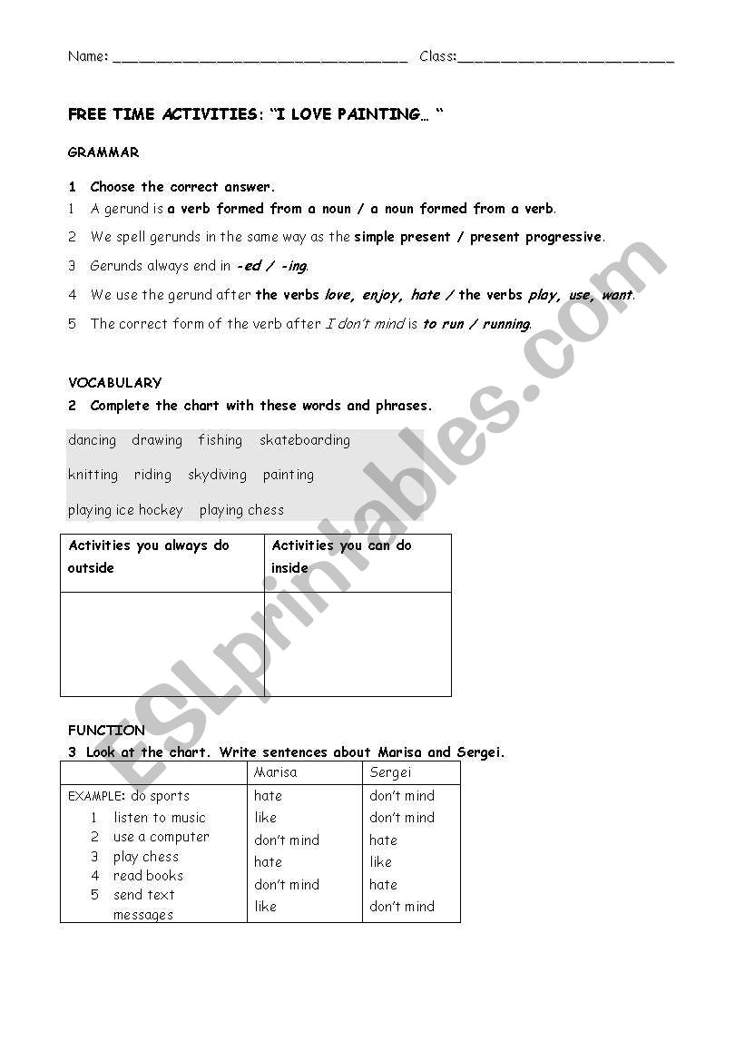 free time activities  worksheet