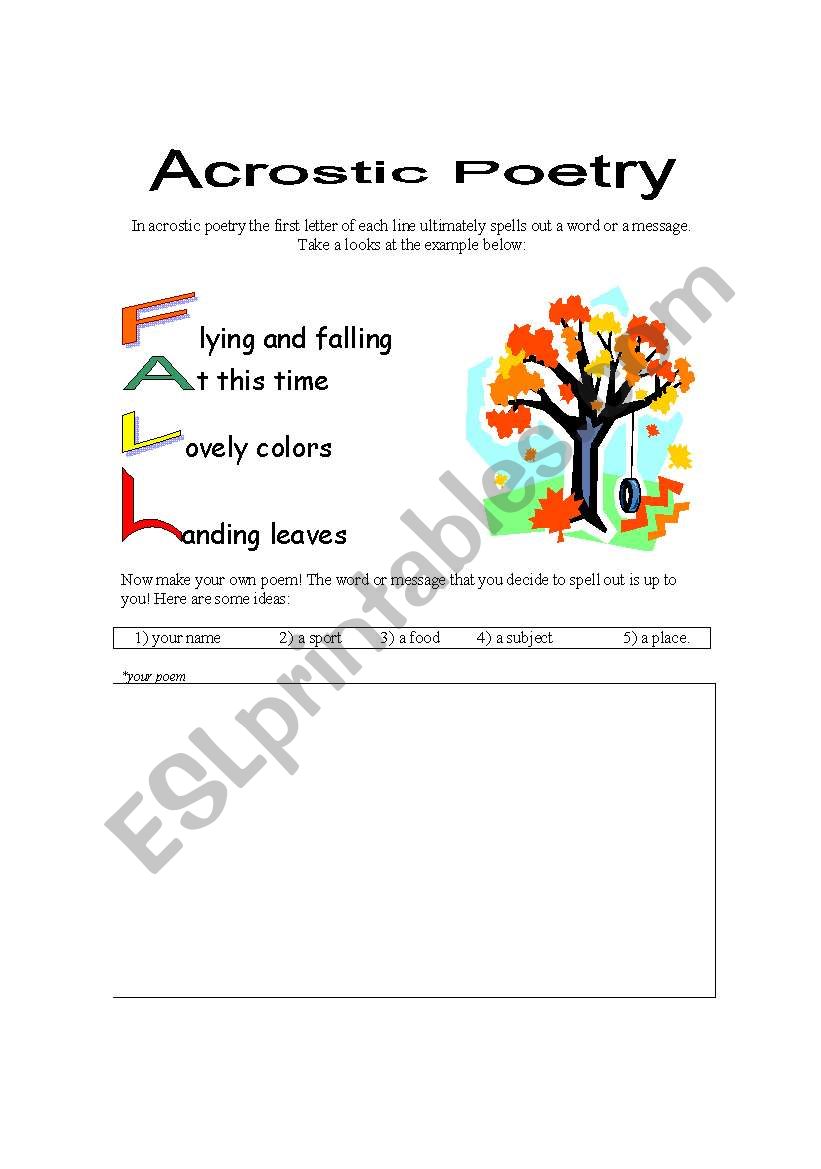 Acrostic Poetry Easy Esl Worksheet By Johnny Pe