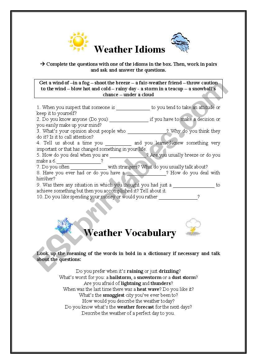 Weather Idioms and Vocabulary worksheet