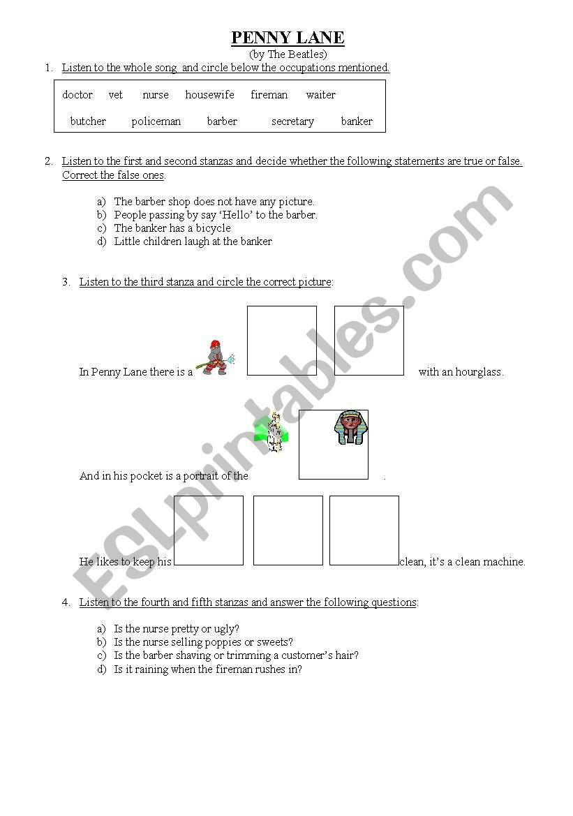 Penny Lane worksheet