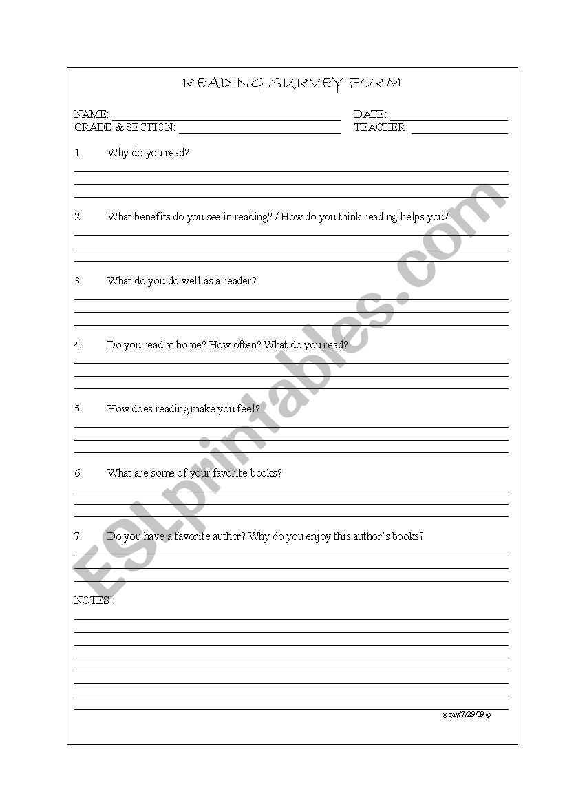Reading Survey Form worksheet