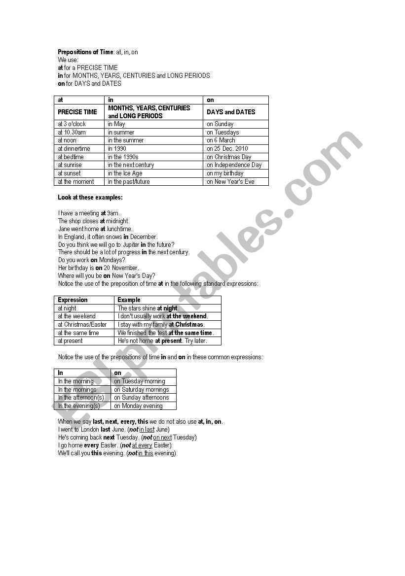 Prepositions of Time worksheet