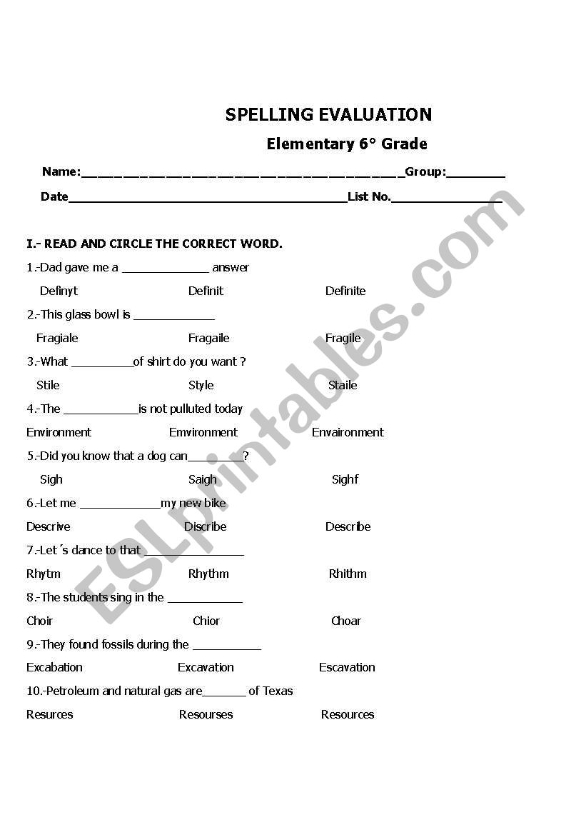 Spelling Evaluation Format worksheet