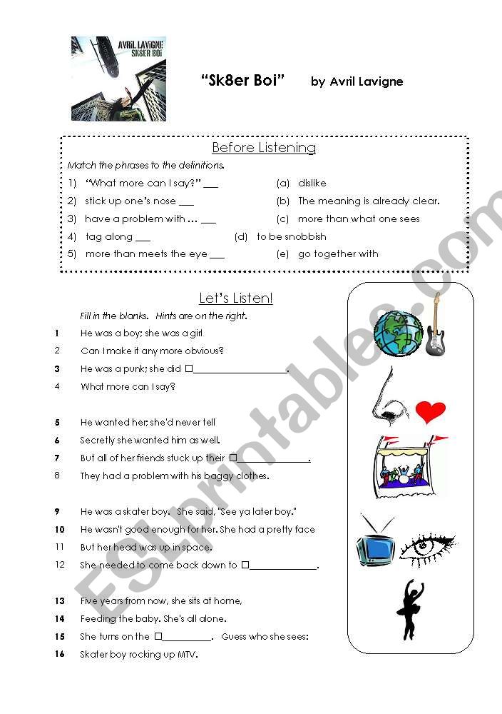 krabbe diakritisk Havslug Lyrics Worksheet: Sk8er Boi by Avril Lavigne - ESL worksheet by liquidnuance