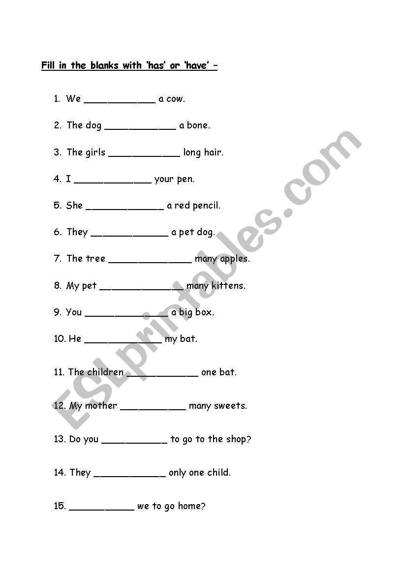 Using has and have worksheet