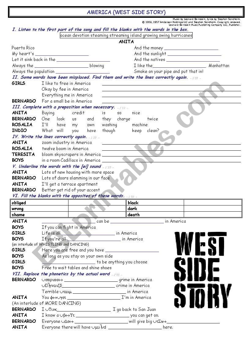 America, West Side Story worksheet