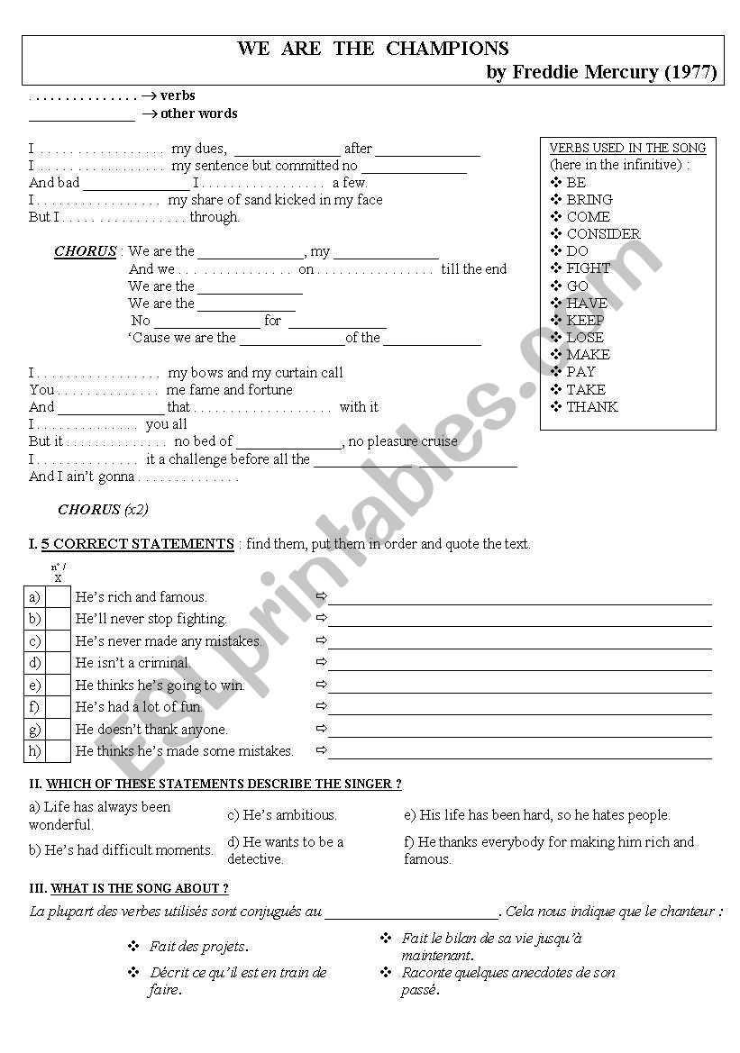 We are the champions worksheet