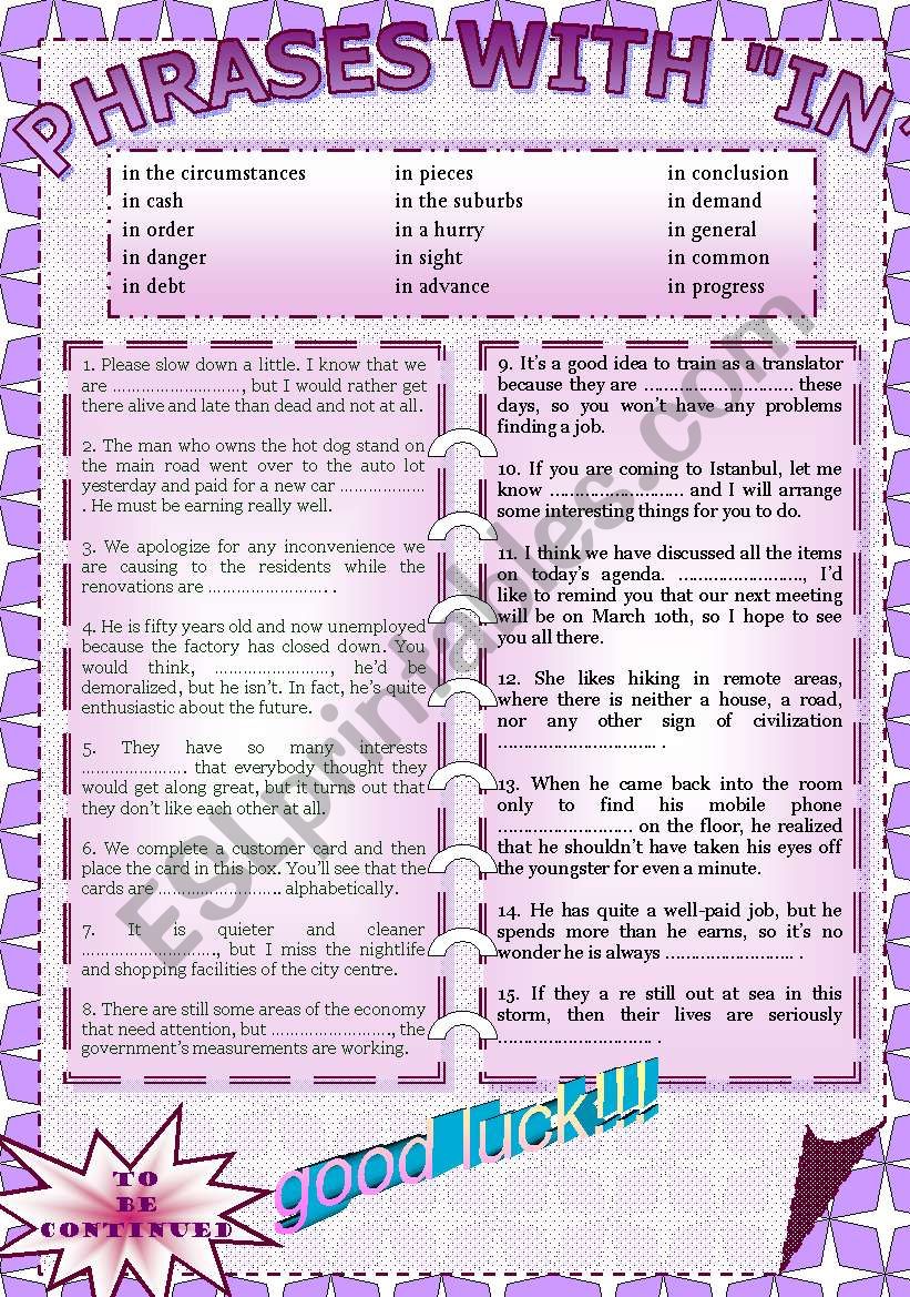 PHRASES WITH IN 2 worksheet