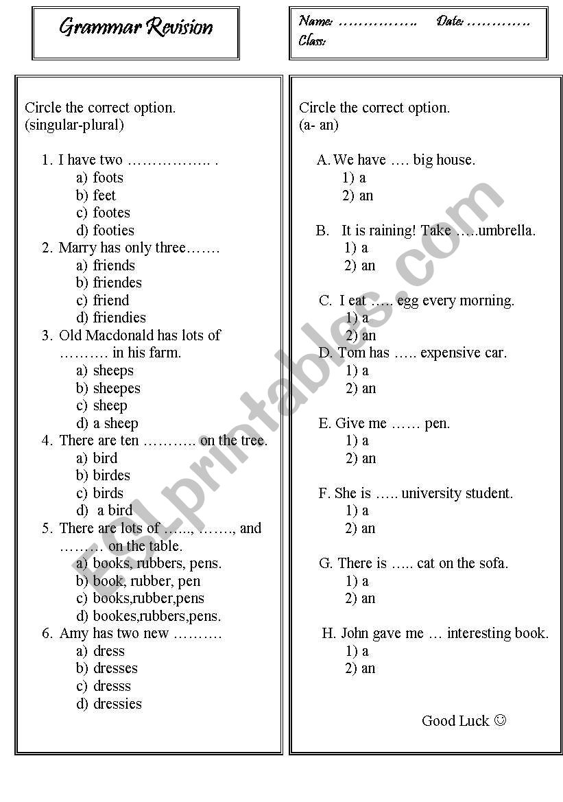 grammar revision worksheet