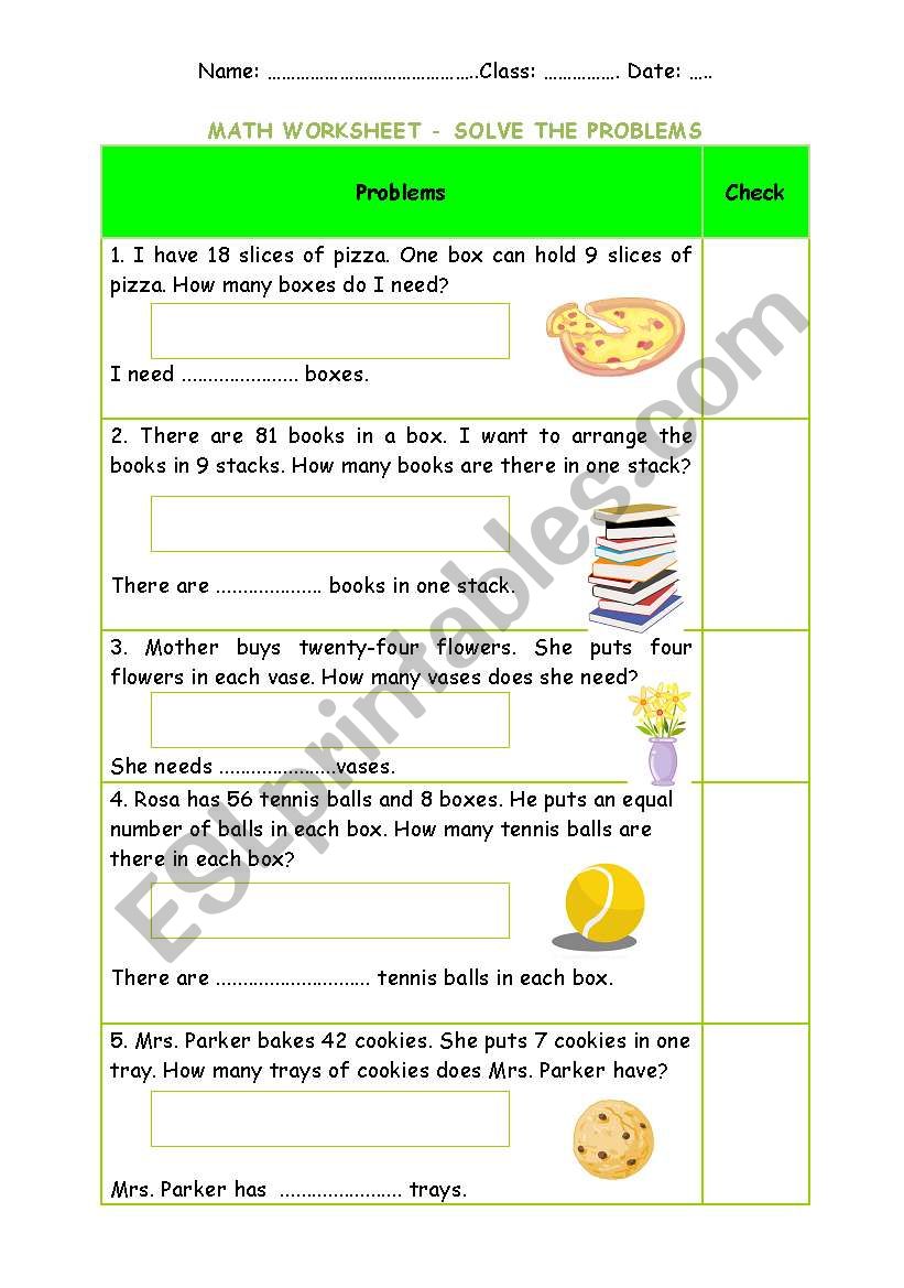 Division worksheet - problem solving + Keys (easy)