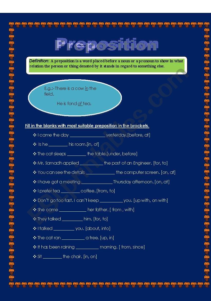 prepositions worksheet