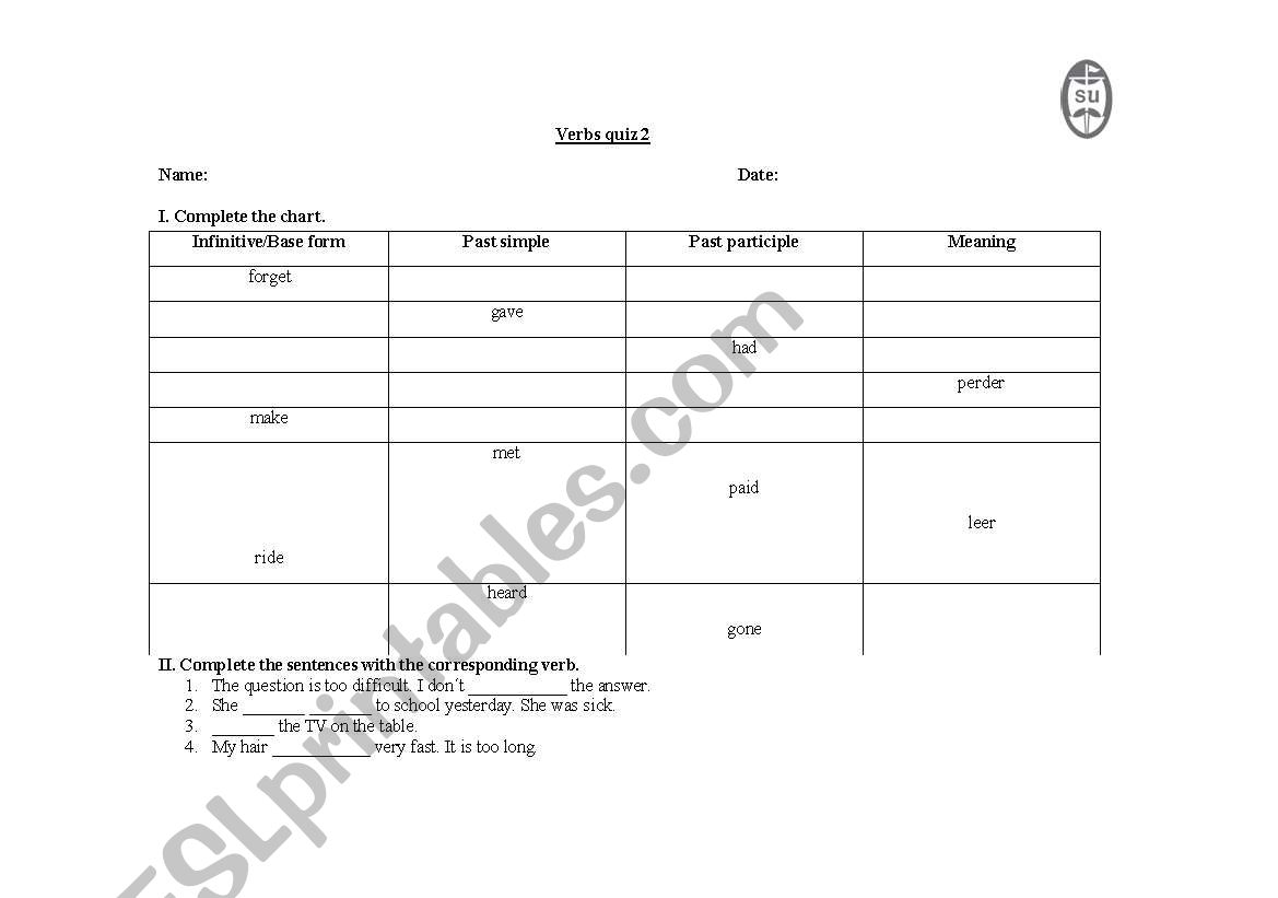 verbs quiz 2 worksheet