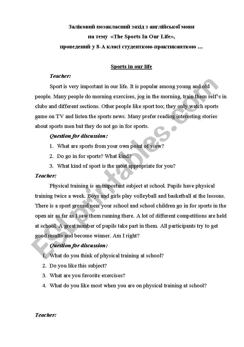 Sports in our life worksheet
