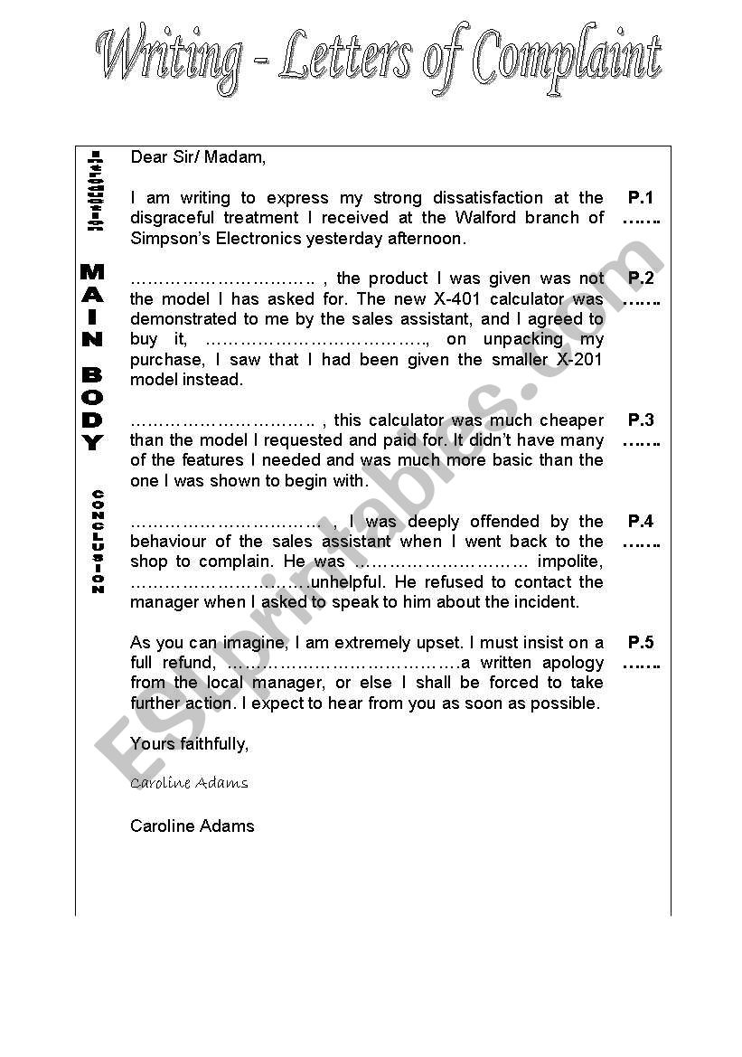 Writing a Letter of Complaint worksheet