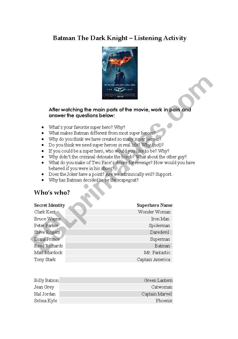 Batman the Dark Knight worksheet
