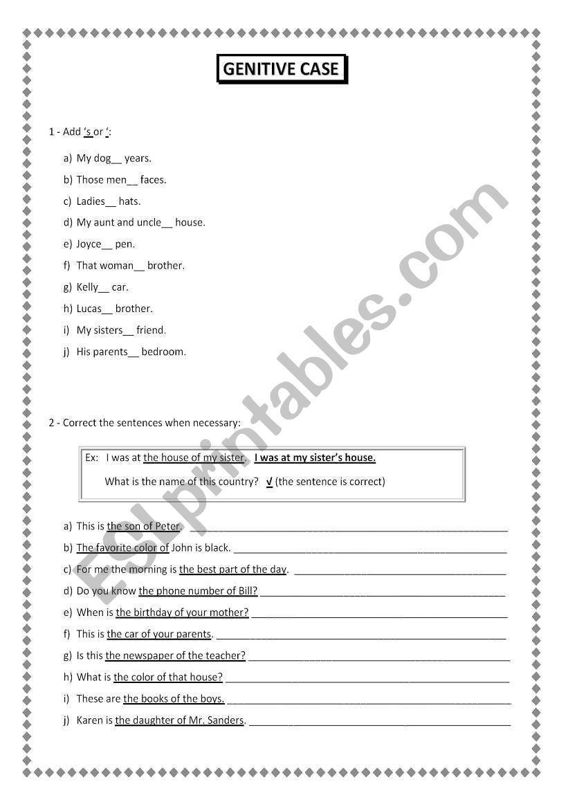 Genitive case (exercises) worksheet