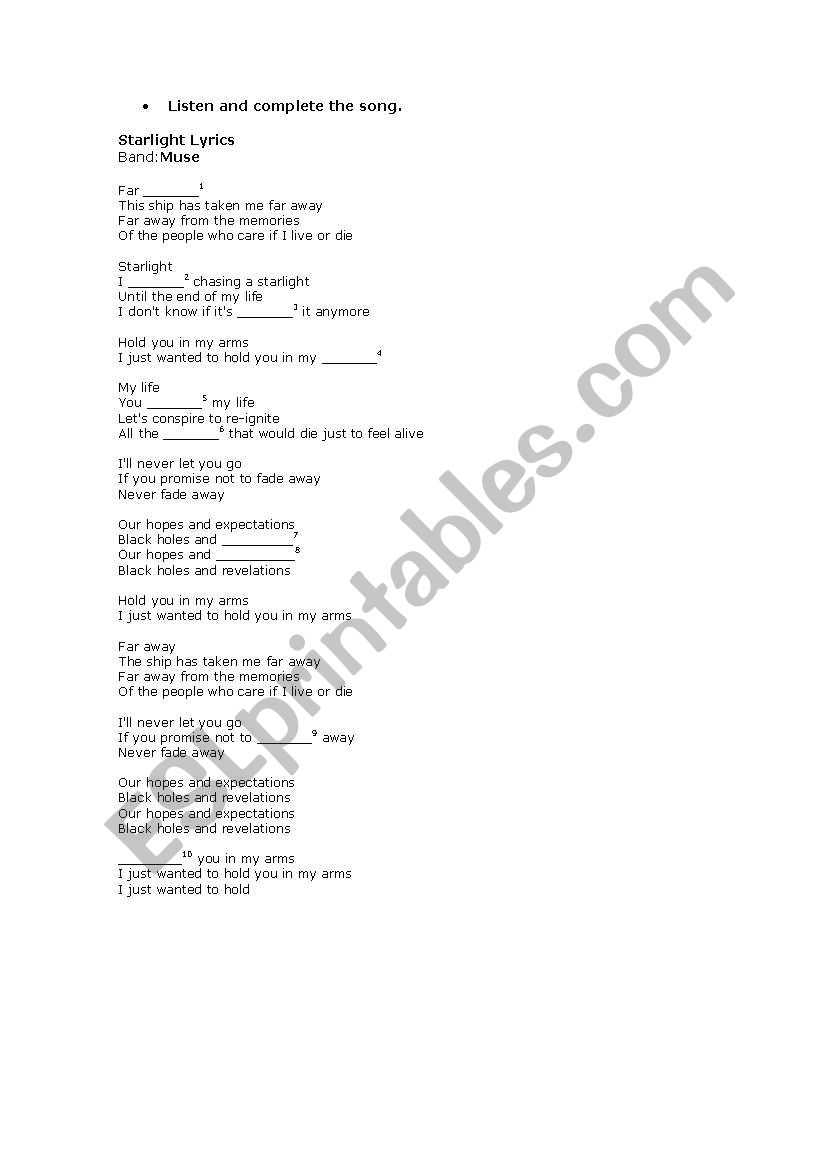 Starlight by Muse worksheet