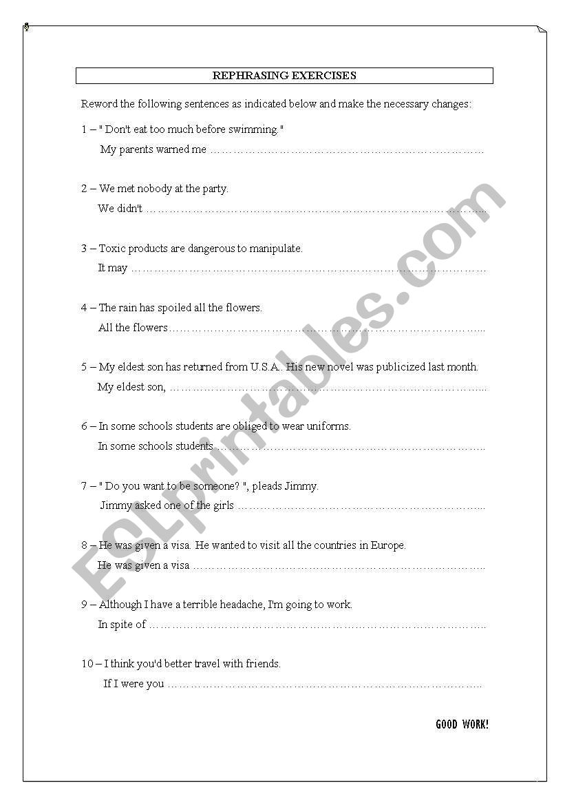 Rephrasing exercises worksheet