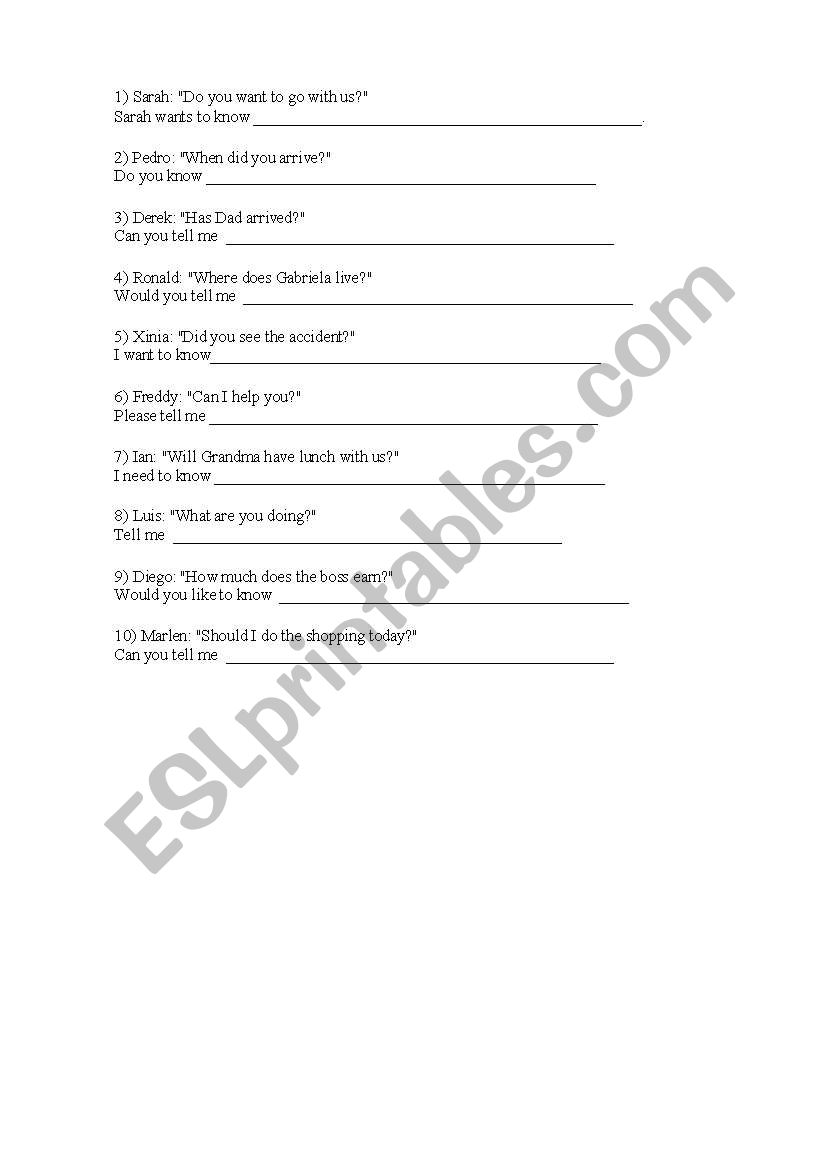 Indirect Questions worksheet