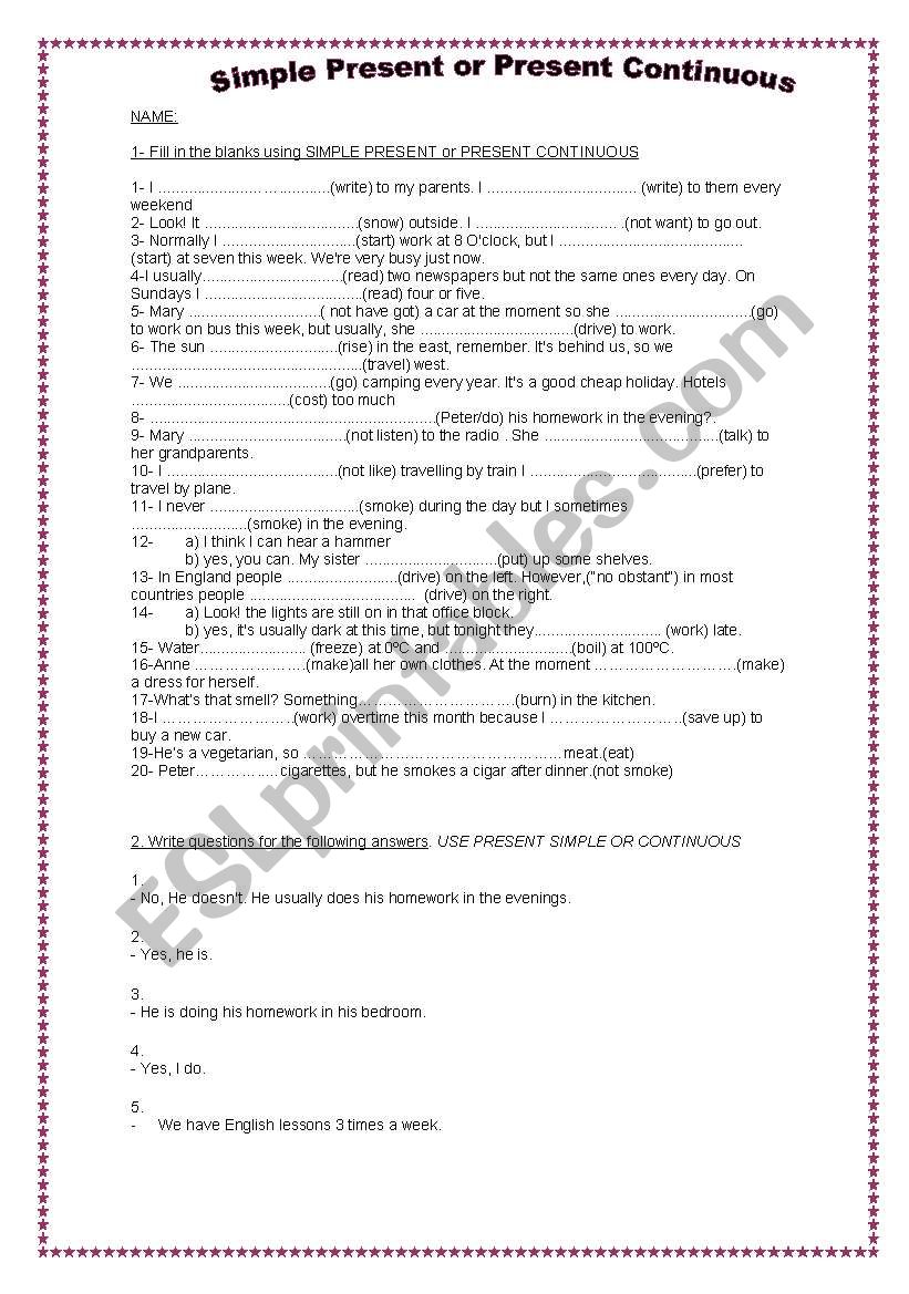 Simple present or present continuous: Use and practise