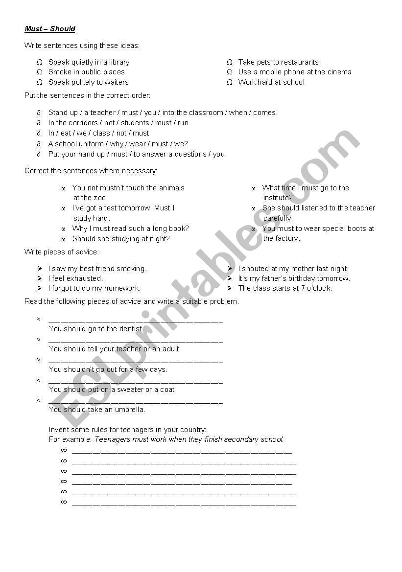 Must - should worksheet