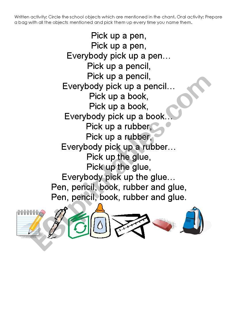 A school objects chant worksheet