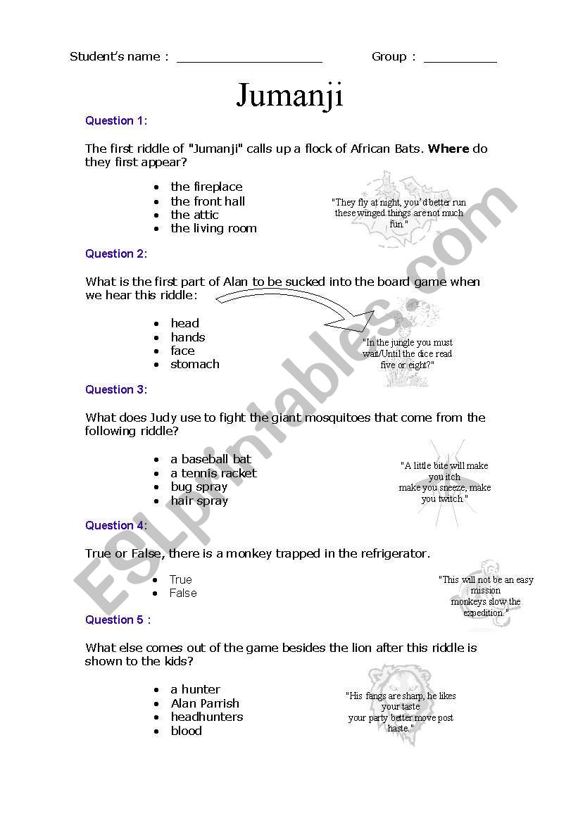 Jumanji movie questionnaire worksheet