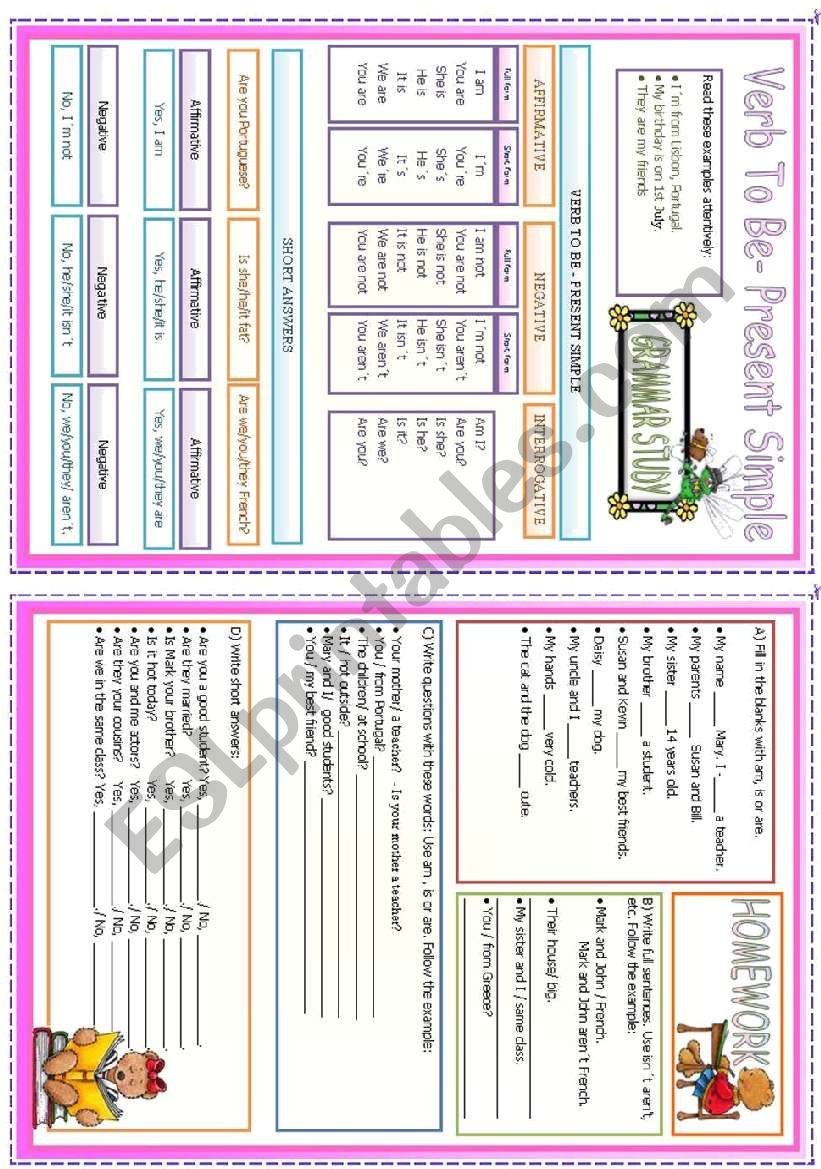 VERB To Be - Study sheet + Homework