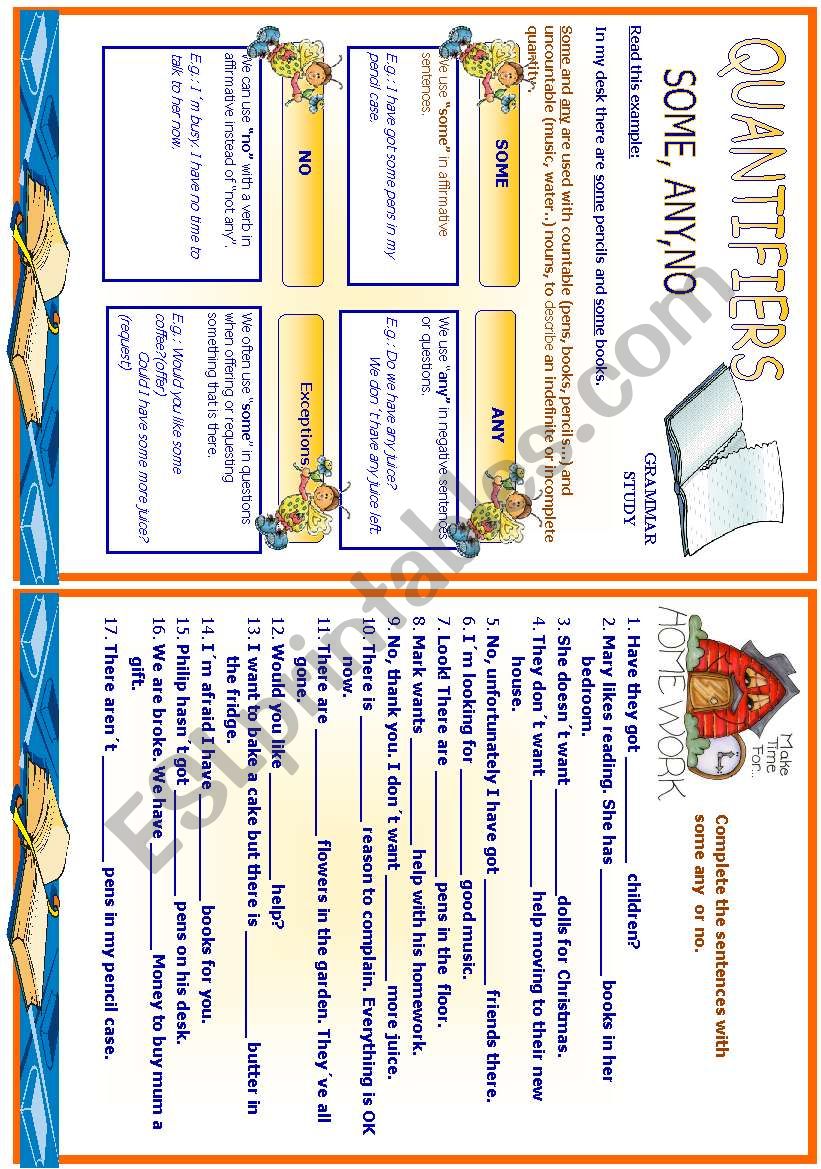 Quantifiers - some,any,no - Study sheet + homework