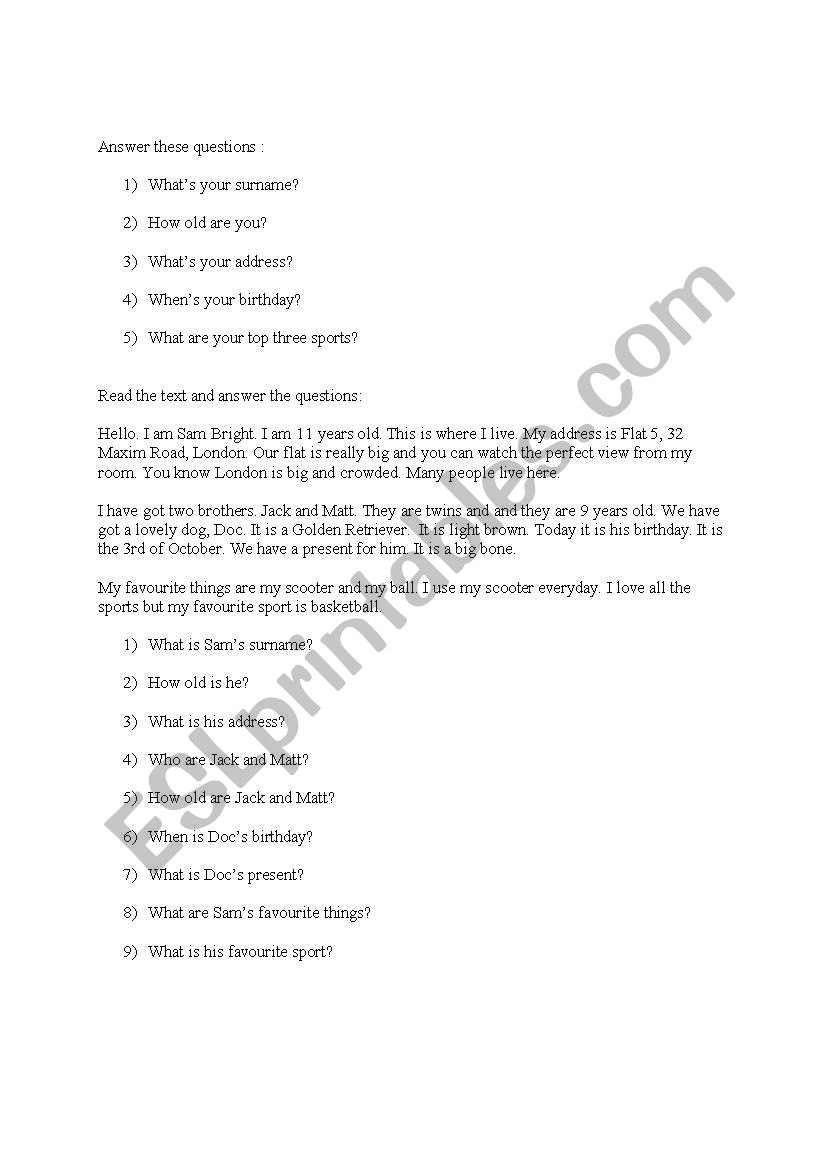 information about yourself worksheet